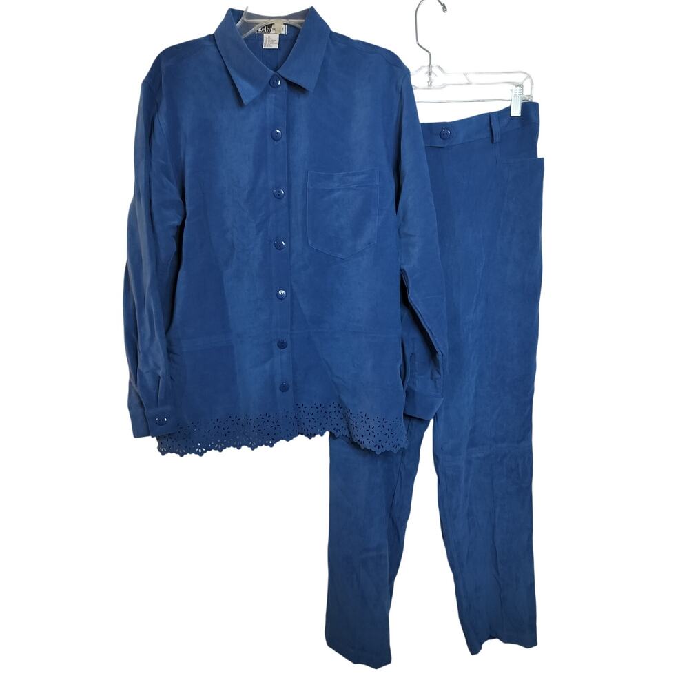 4355Vtg Kelly Scott 2pcs Dark Royal Blue Faux Suede Career Pant Suit Medium